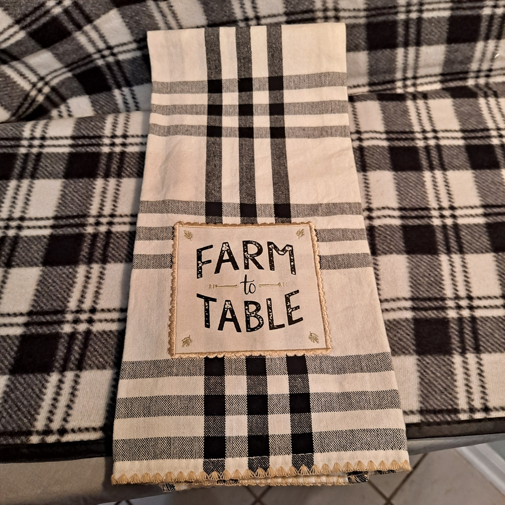 Kirklands Cotton Black and White Plaid Striped Farm to Table Kitchen Towel